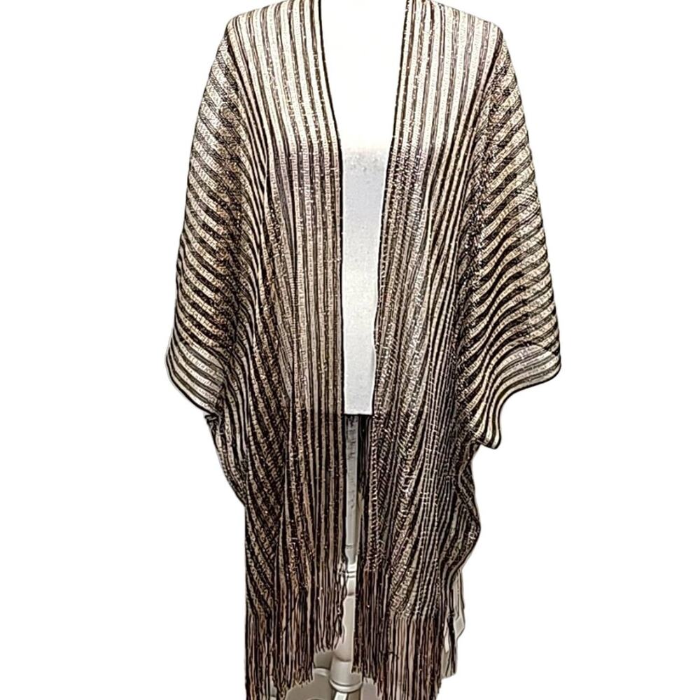 Kendall & James Fashion Kimono Wrap Fringe Black and Gold Metallic OSFM (NWT)